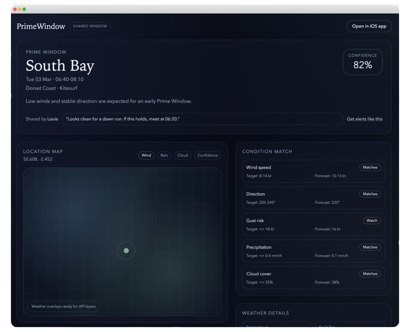 Shared PrimeWindow view with time, location, and confidence